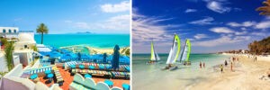Plaża z leżakami, parasole, Traveligo Blog Jachty na morzu, Traveligo Blog