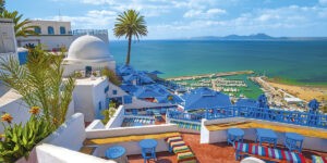 Biały budynek z kopułą, palma, widok na morze i niebiesko-biały krajobraz. Traveligo Blog