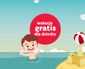 Chłopiec w wodzie, balon, napis "Wakacje gratis dla dziecka" - Traveligo Blog