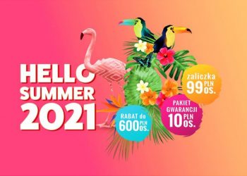 Kolorowa grafika z flamingiem, tukany, kwiatami, liśćmi i napisem "Hello Summer 2021" - Traveligo Blog