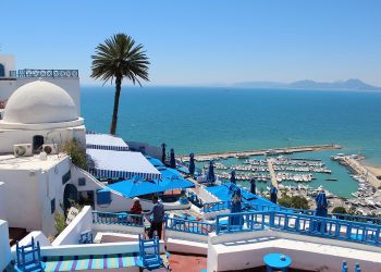 Białe budynki, błękitne dachy, palma, morze - Traveligo Blog