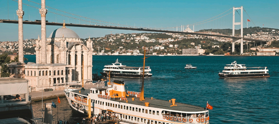 Meczet Ortaköy nad Bosforem w Stambule z mostem łączącym Europę i Azję