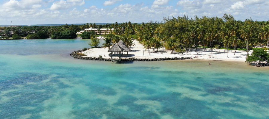 Tropikalna plaża na Mauritiusie z palmami i turkusową laguną – idealne wakacje All Inclusive