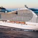 MSC World America – nowoczesny statek wycieczkowy MSC Cruises płynący po oceanie, widok z lotu ptaka