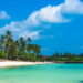 Rajska plaża na Zanzibarze z białym piaskiem, palmami i turkusową wodą Oceanu Indyjskiego
