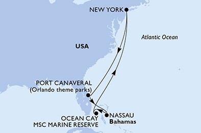 Mapa trasy rejsu MSC Cruises z Nowego Jorku na Bahamy przez Florydę