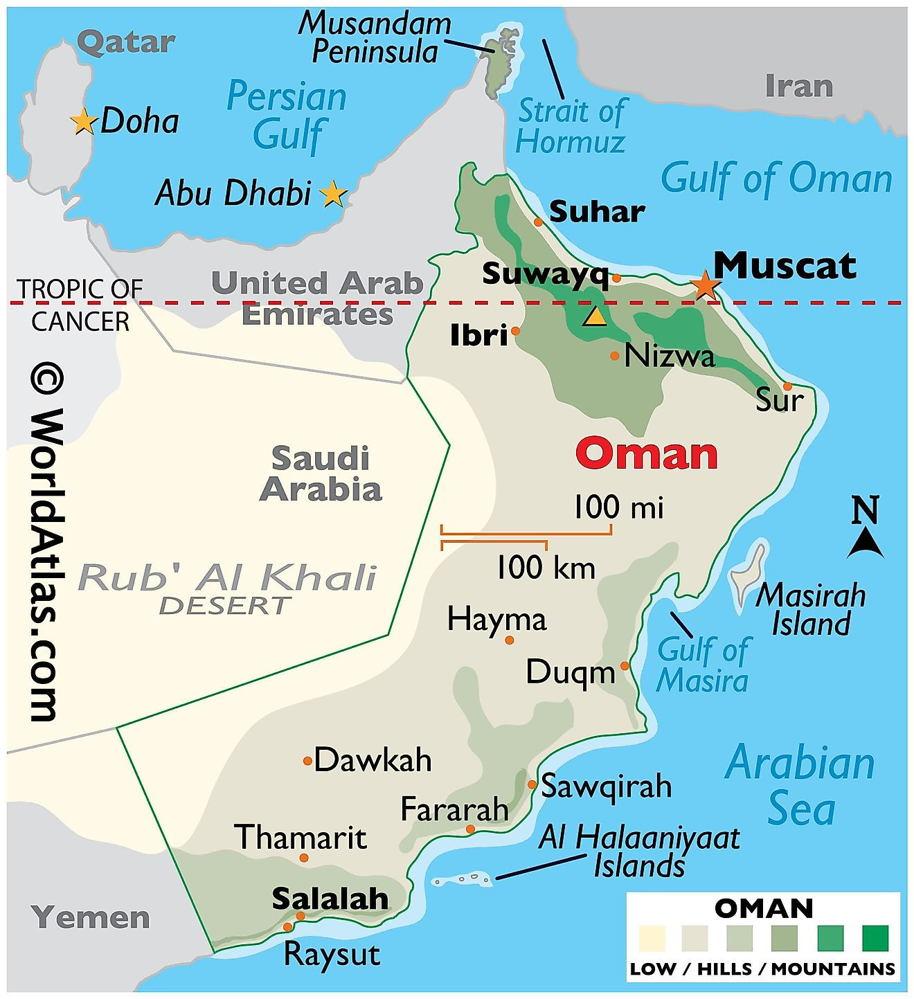 Mapa Omanu z zaznaczonymi regionami, miastami i położeniem na Półwyspie Arabskim