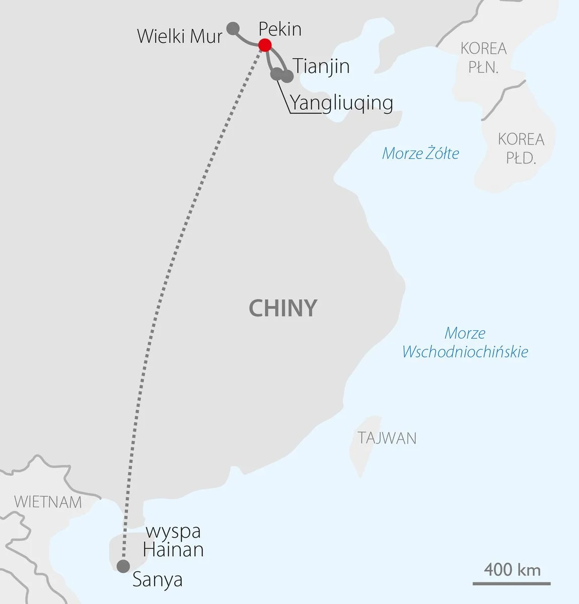 Mapa trasy wycieczki do Chin: Pekin, Wielki Mur, Tianjin, Yangliuqing i wyspa Hainan