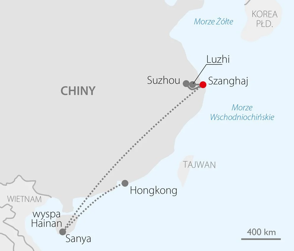 Mapa trasy wycieczki do Chin: Szanghaj, Suzhou, Luzhi, wyspa Hainan i Hongkong