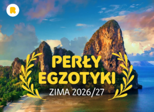 Perły Egzotyki Zima 2026/27 – tropikalna plaża z wysokimi wapiennymi skałami nad turkusowym morzem, grafika promocyjna Rainbow Tours