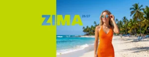 Coral Travel Zima 2026/2027 – kobieta na egzotycznej plaży, wakacje w ciepłych krajach