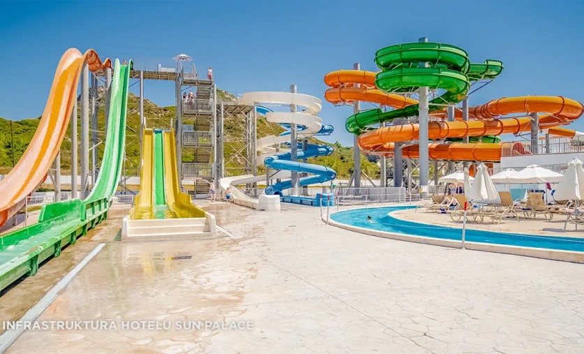 Aquapark w Sandy Beach Faliraki by Sun Palace na Rodos – rodzinny hotel ze zjeżdżalniami wodnymi i basenami